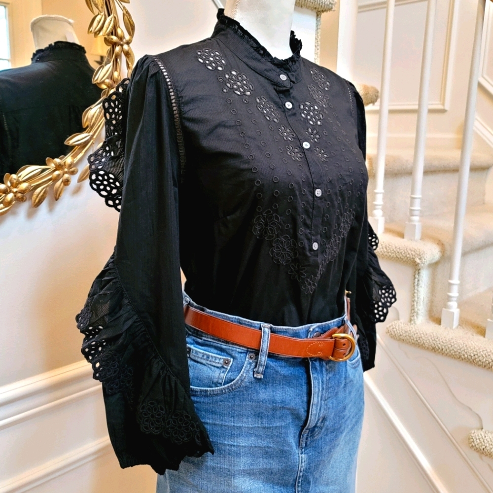 New! J Crew Sz M Ruffle-sleeve Top Embroidered Eyelet Black NWT - Picture 3 of 7